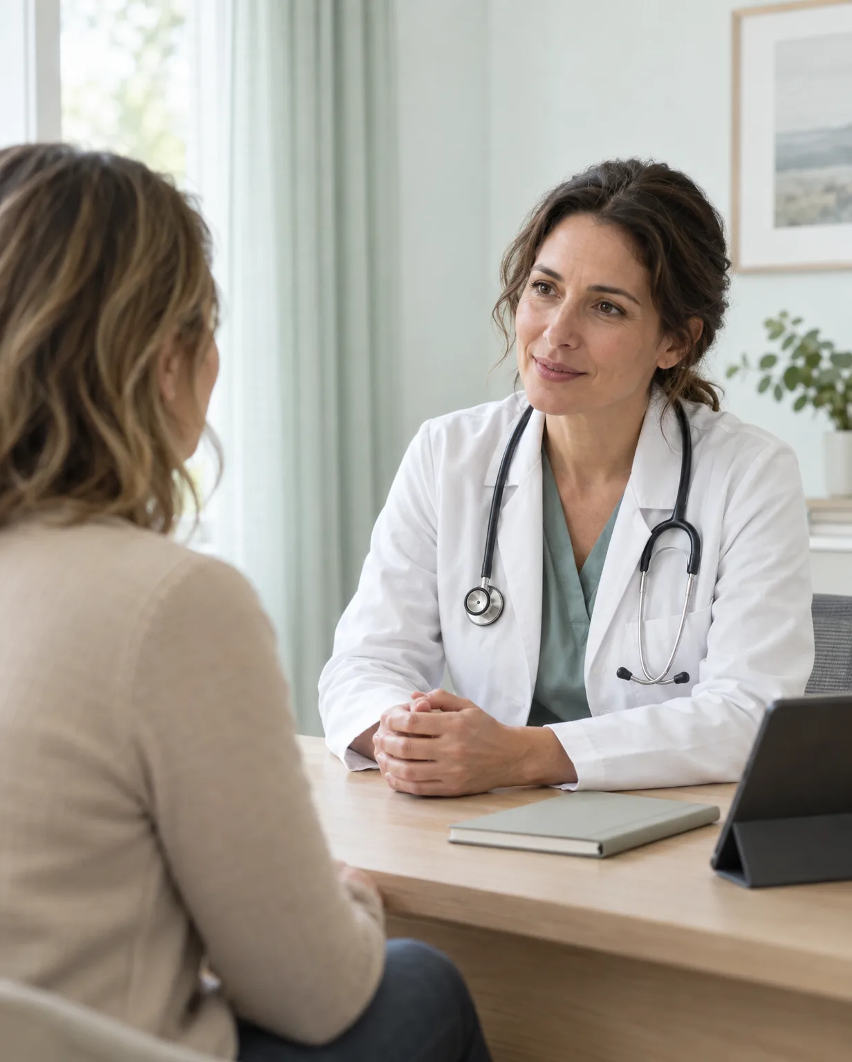 Eine Ärztin hört einer Patientin in einer hellen Praxis aufmerksam zu. KI-generierte Praxisszene.