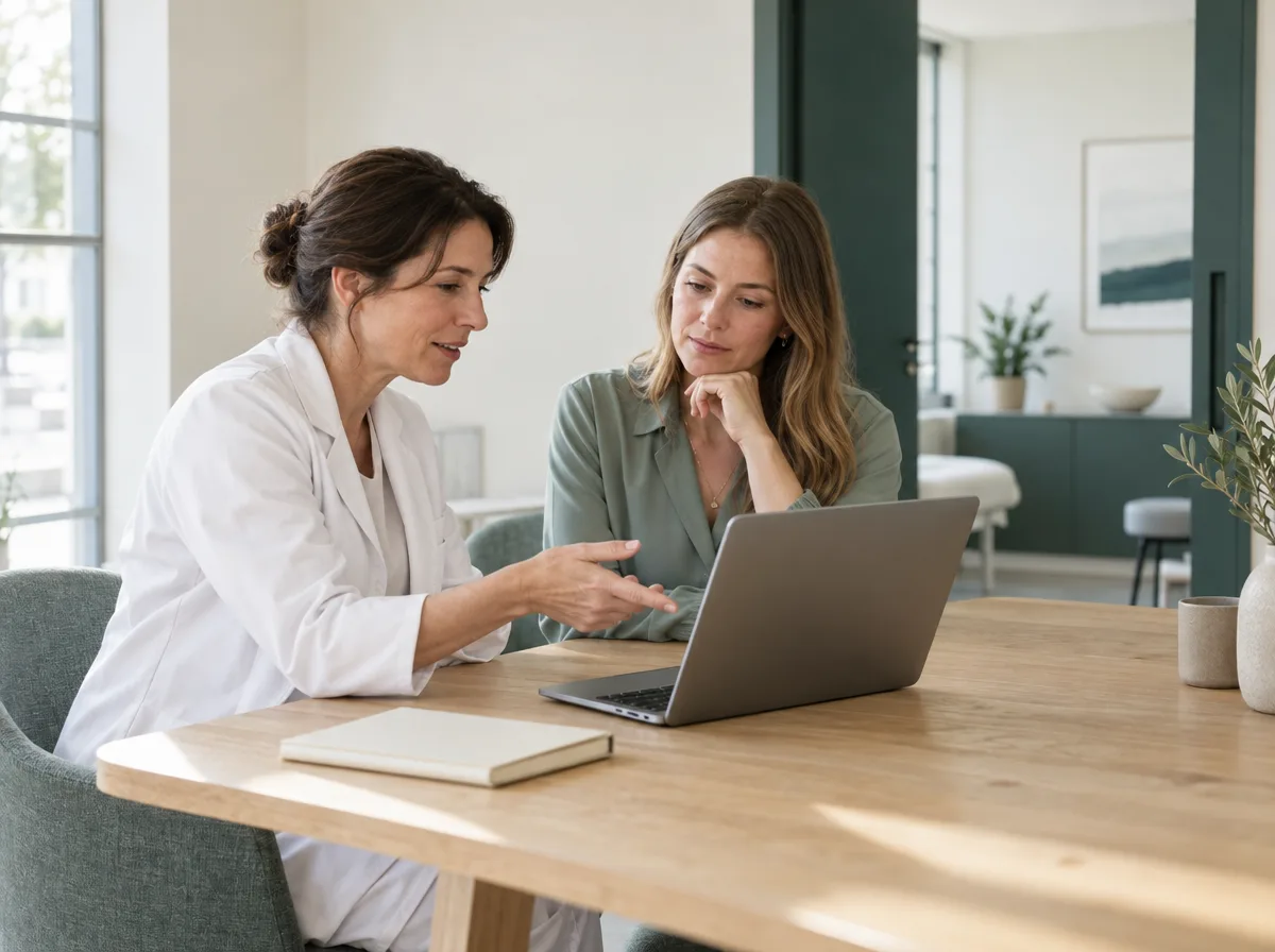 Praxisinhaberin und Praxismanagerin besprechen gemeinsam ihre Praxisplanung. KI-generierte Praxisszene.
